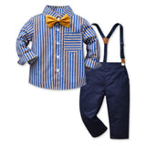 Children Boy Formal Shirt & Suspender Pants 2 Piece Set Autumn Long Sleeve Cotton Cardigan Suspender Trousers