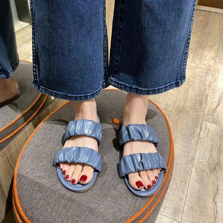 Women Open Toe Sandals Flats Summer Fashion Outdoor Pleated Slippers