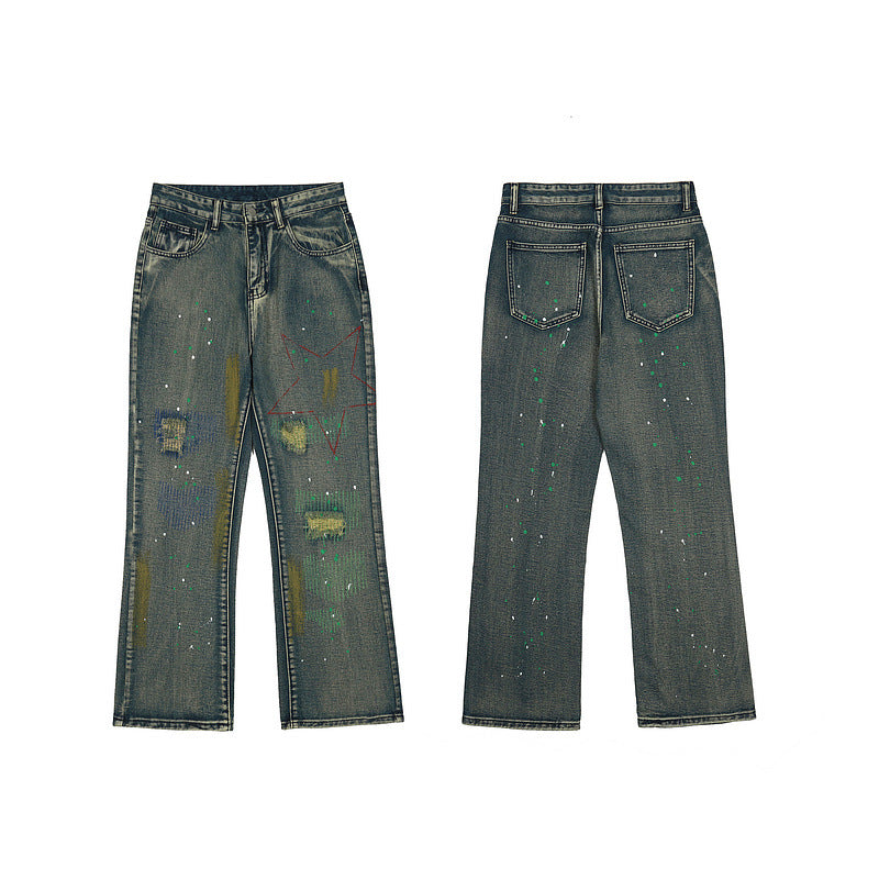 Mens Fall Outfits Jeans Loose Wash Distressed Straight-Leg Pants Street Graffiti Style Trousers I Pants Men