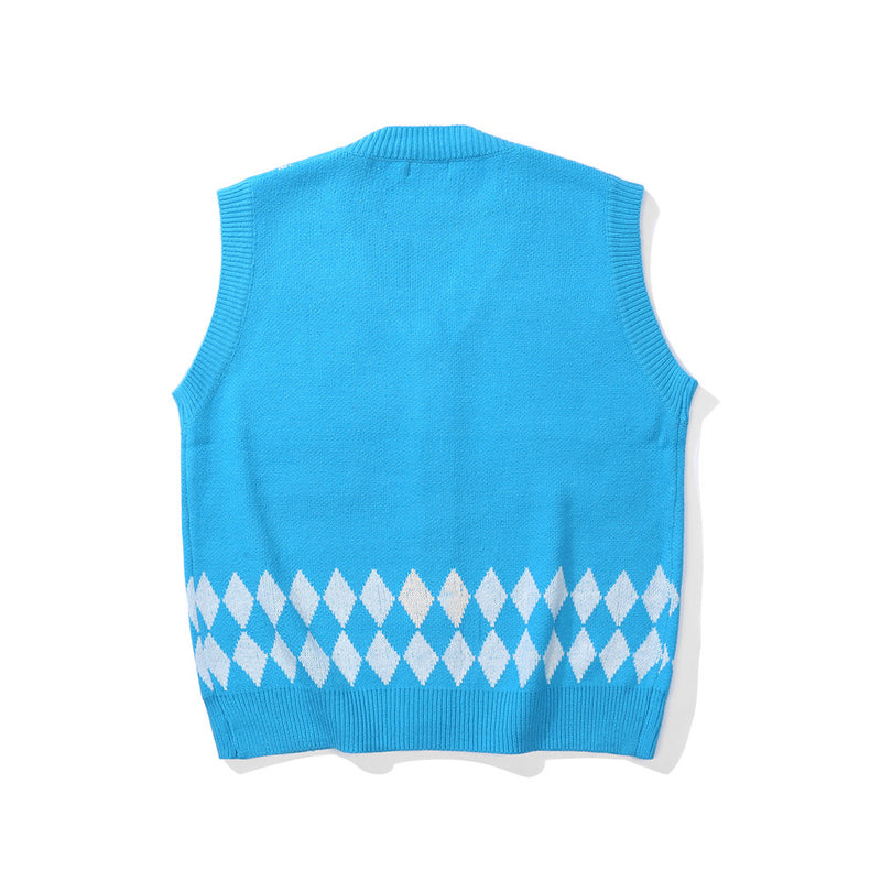 Men Sweater Vest Cartoon Bear Embroidery Knitted Cardigan Vest Men's BF Idle Style Loose Sleeveless Sweater Vest