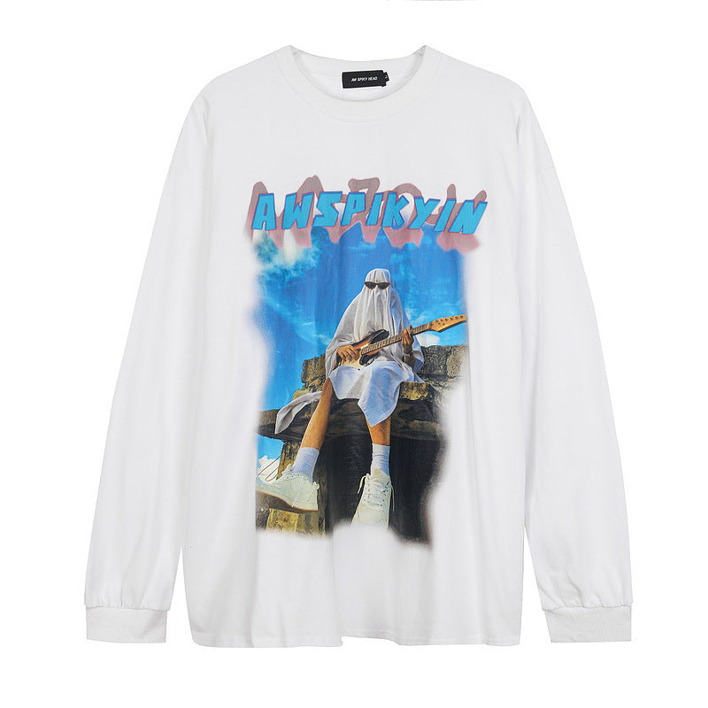 Mens Fall Outfits Figure Printed Crew Neck Sweatshirt Loose Spring and Autumn Long Sleeve T-shirt Top