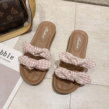 Women Open Toe Sands Flats Summer Plaid Bow Word Fashion Flat-Heeled Slippers