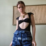 Music Festivals Rave Outfits Girls Tops Summer Women's Fashion T-shirt Hollow out Slim Fit
