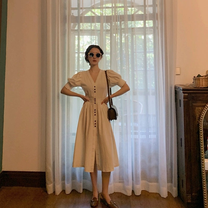 Aesthetic Dress Summer V-neck Temperament Waist-Controlled Dress