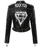 Women's Leather Jacket Biker Motorcycle Coat Spring Printed Rivet Coat Short Leather Coat for Women