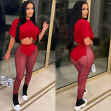 See through Pants Suit Summer Fashion Women's Wear Solid Color Short Sleeve Sexy Women's Clothing
