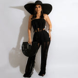 Party Pants Suits Pure Color Mesh See-through Pleated Vest Waist Pants Two-Piece Set for Women