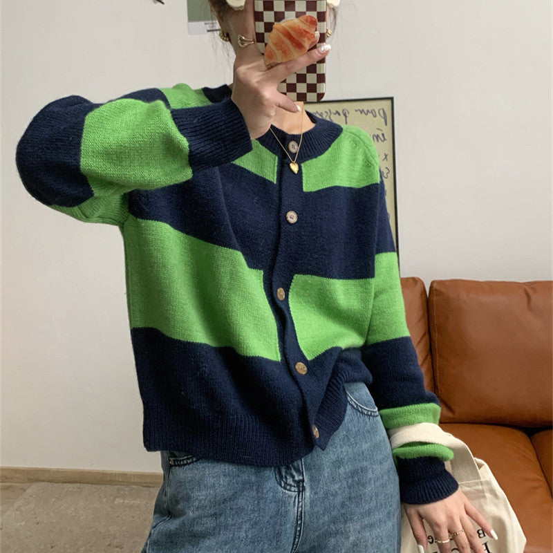 Preppy Aesthetic Sweater Autumn and Winter Sweater Female Vintage Stripe round Neck Loose