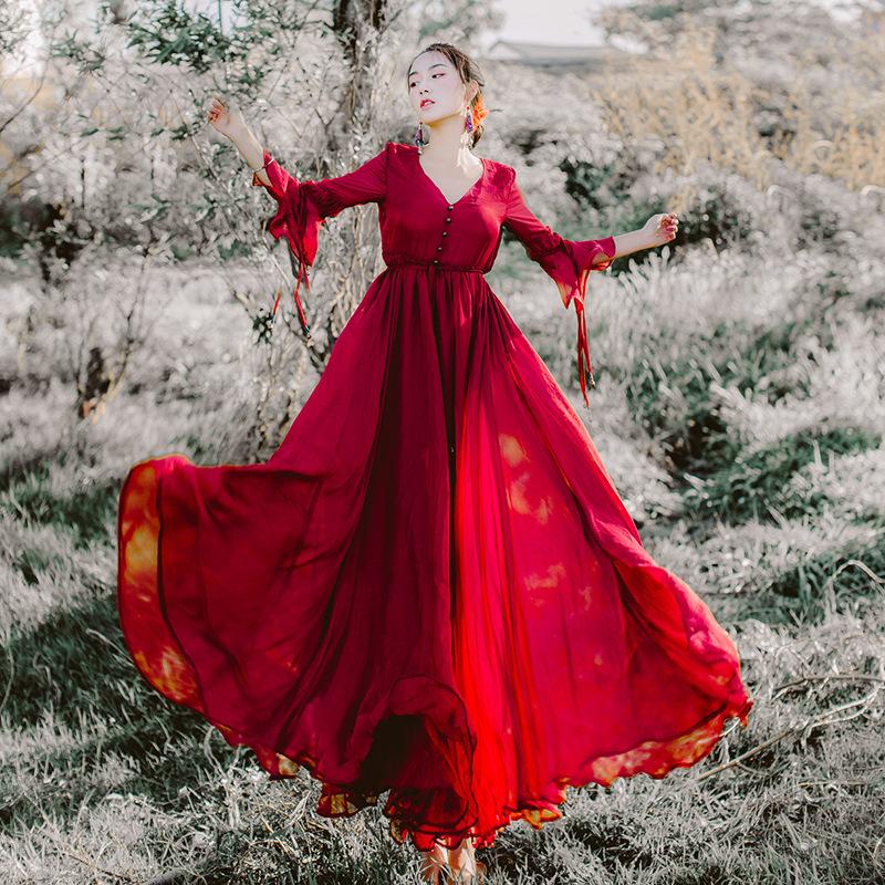 Women Retro Cottagecore Vintage Dress Summer Retro Slimming Long Sleeves Chiffon Dress Holiday Red V-neck Large Swing Dress