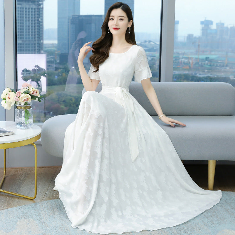 Mauve Dress Chiffon Dress Summer Popular Dress Jacquard Long Waist-Controlled Large Hem Dress for Women