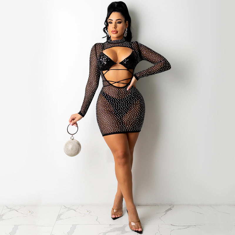 See through Pants Suit Hot Drilling Sequin Mesh Sexy Women Clothing Lace-up Cutout Two-Piece Set
