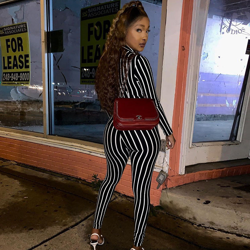 Autumn Striped Lapel Long Sleeve Sexy Tight Trousers Jumpsuit Women