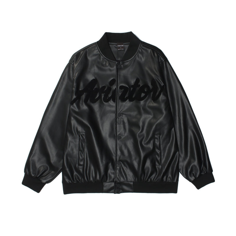 Beige Varsity Jacket Dark Letters Embroidered PU Leather Coat Men's Stand Collar Jacket Top