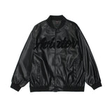 Beige Varsity Jacket Dark Letters Embroidered PU Leather Coat Men's Stand Collar Jacket Top