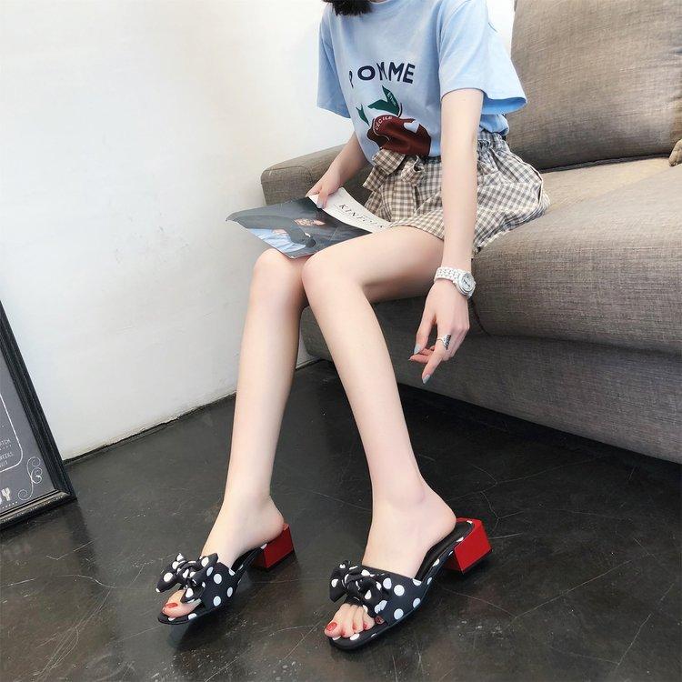 Women Open Toe Sandals Flats Summer Fashionable Chunky Heel Polka Dot Bow Sandals