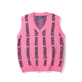 Men Sweater Vest Letter Jacquard Sweater Vest Men's Loose V-neck Vest Idle Style Sleeveless Sweater