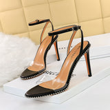Nude Block Heel Peep Toe Vintage Summer Stiletto Heel Transparent Sandals