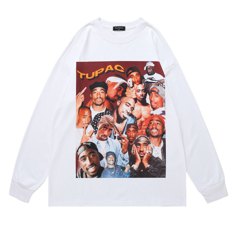 Mens Fall Outfits Rap Character Tupac Floral Print Long Sleeve Pullover Men's and Women's Oversize Loose Top