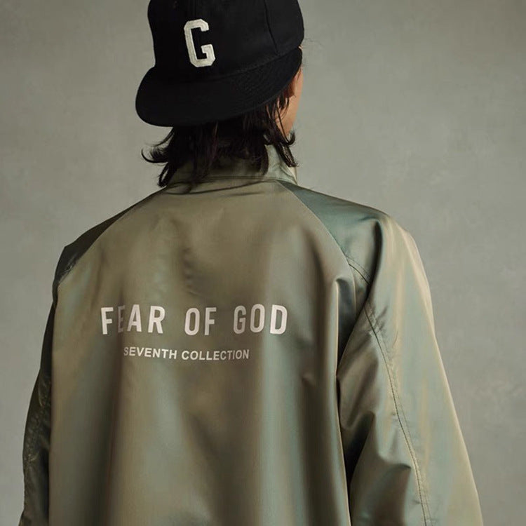 Fog Fear of God Essentials Coat Coach Jacket Flocked Printed Stand Collar Nylon Outdoor Jacket Coat Men