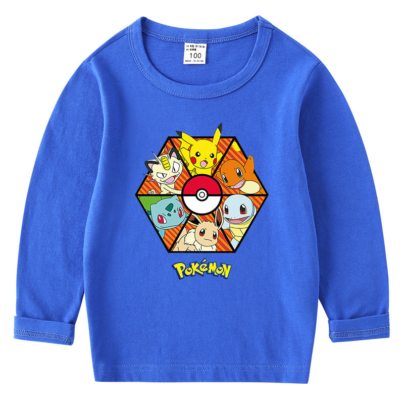 Children Pokemon Pikachu Hoodie Spring and Autumn Cotton round Neck Long Sleeve T-shirt