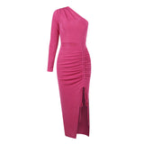 Winter Formal Dresses Sexy One-Shoulder Pleated High Waist Slim Fit Slit Dress