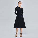 Women Spring Dress Long Sleeve Dress Lapel Sloping-Shoulder off the-Shoulder Waist Ladies Dress