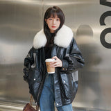 Cute Leather Jacket Parka Cotton-Padded Coat Women's Winter Small Rabbit Fur Liner Fleece Plaid Patchwork Cotton-Padded Jacket Coat
