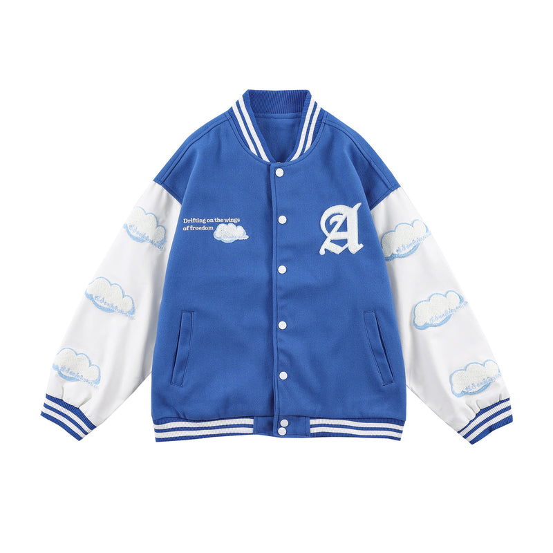 Blue Varsity Jacket Bear Baseball Jacket Towel Embroidery Men and Women Couple