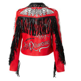 Women Leather Jacket Biker Motorcycle Coat Women's Printed Red Leather Short Slim Fit