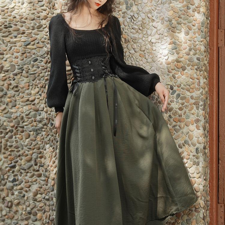 High Waist with Straps Court Vintage Lace Stitching Skirt & Elegant Scoop Black Long Sleeve Sweater Cottagecore Outfit