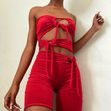 Stitching Solid Color Sleeveless Backless Lace-up Tied Slim Fit Shorts Jumpsuit