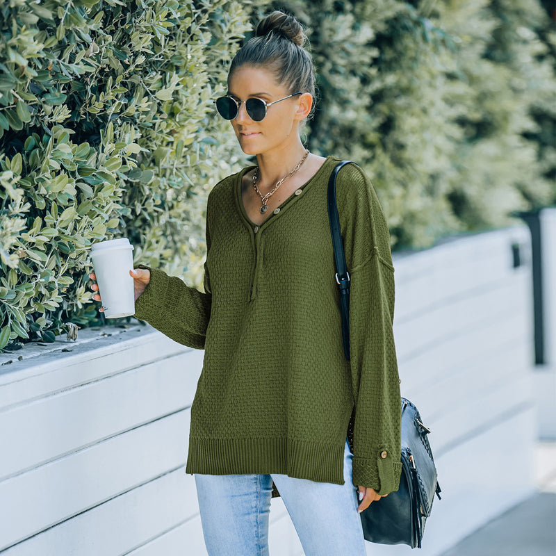 Women Fall Outfits Knitwear Solid Color Autumn and Winter V-neck Loose-Fitting Long Sleeve Sweater
