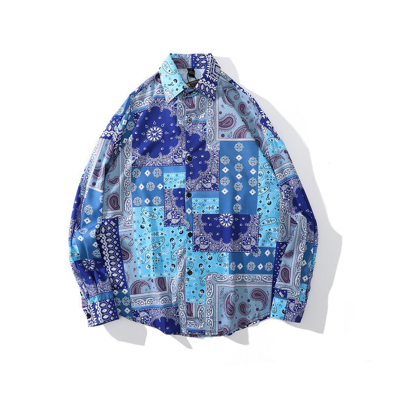 Mens Fall Outfits Vintage Printed Long Sleeve Shirt High Street Loose Couple Shirt Men's and Women's Coats