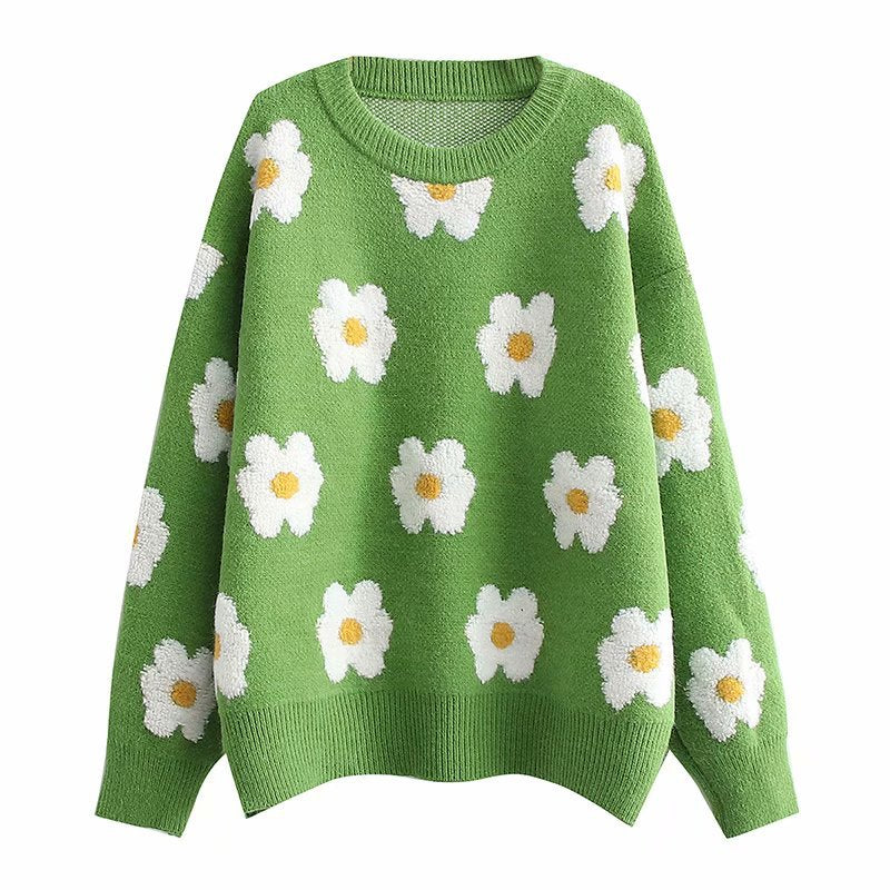 Women Fall Outfits Autumn and Winter Thickening Daisy Jacquard Loose Pullover Sweater