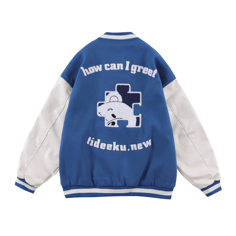 Baby Blue Varsity Jacket Baseball Uniform Men's and Women's Bear Jacket Autumn