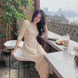 Aesthetic Dress Retro Trumpet Sleeve Square Collar Drawstring Waist Lace Skirt