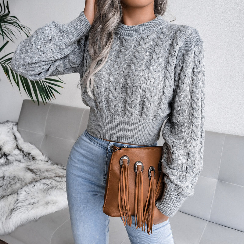 Preppy Aesthetic Sweater Autumn and Winter Solid Color Knitted Long Sleeve Crew Neck Sweater