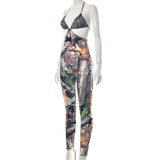 Leaf Print Sleeveless Backless Lace-up Suspender Ankle-Tied Trousers Jumpsuit