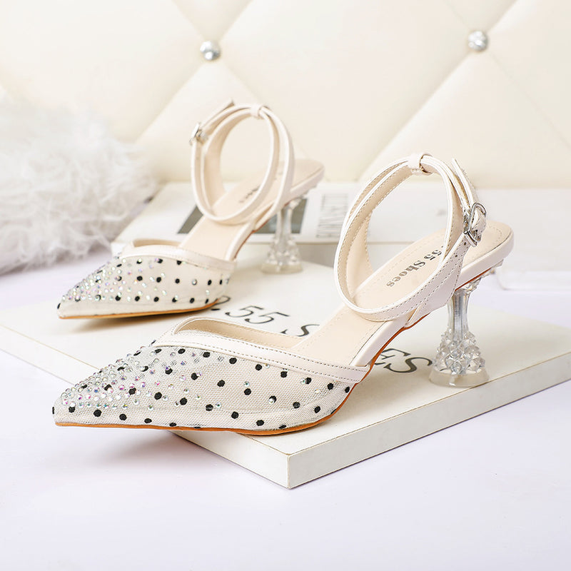 Nude Block Heels Closed Toe Rhinestone Sandals Stiletto Women's Shoes