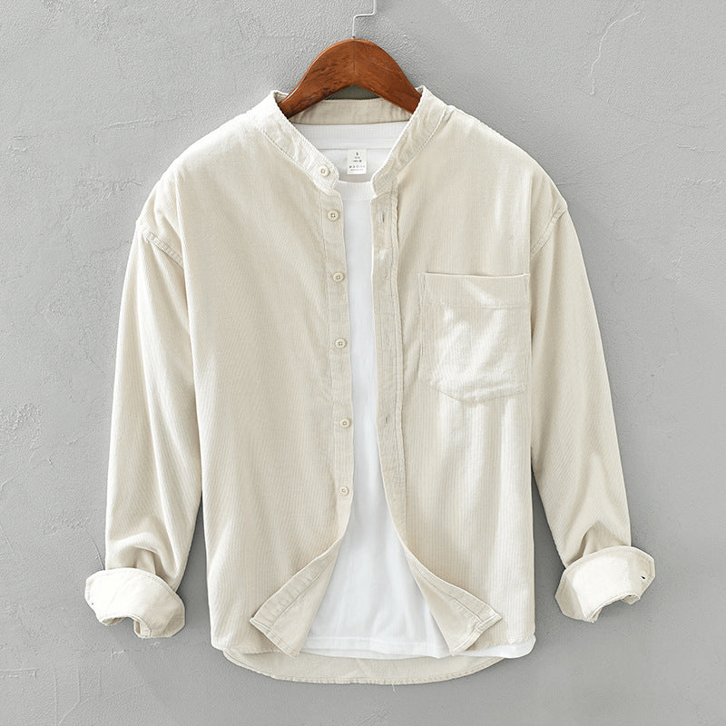 White Work Shirts Autumn Loose Corduroy Long Sleeve Shirt Japanese Style Stand Collar Men's Coat