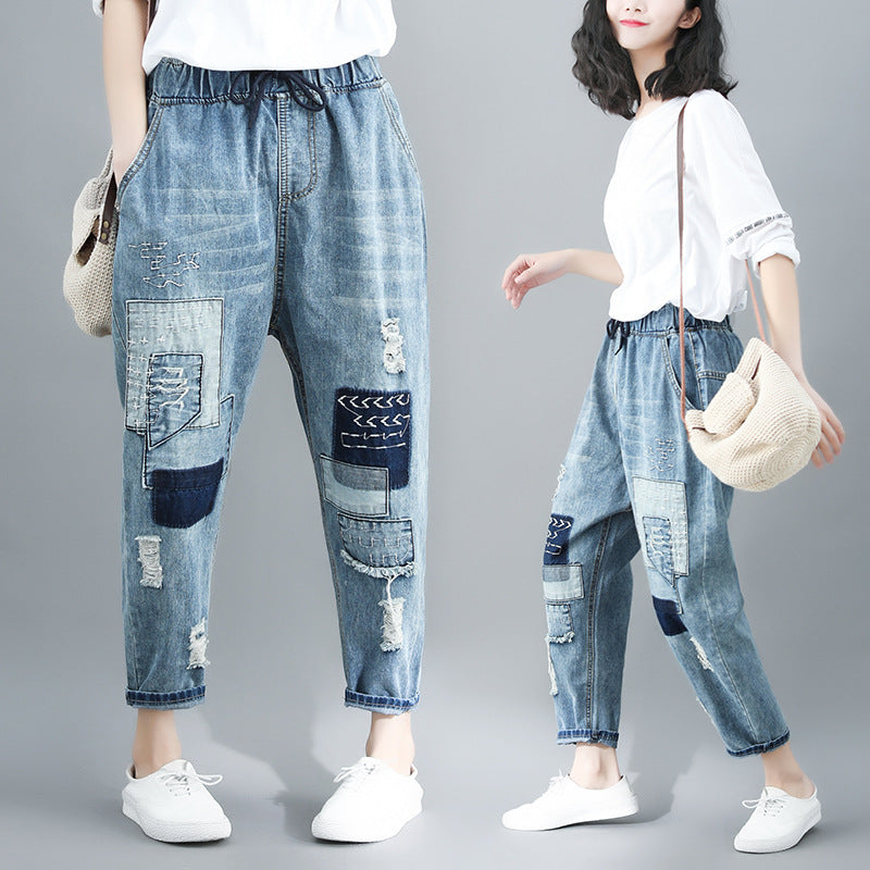 Women Patchwork Jeans Ripped Embroidered Jeans Distressed