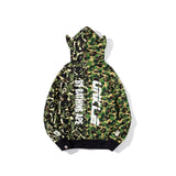 Shark Print Jacket Autumn And Winter Stitching Camouflage Green With Ears Sweater Men'S And Women'S Casual Camouflage Coat