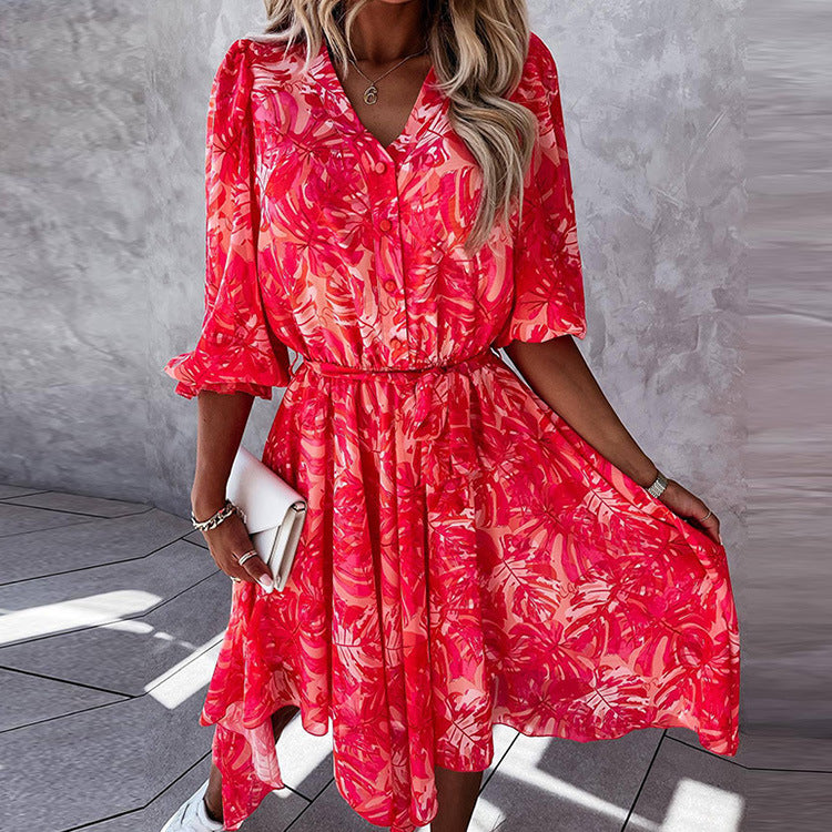 Summer Wedding Guest Dresses Fall Printed V-neck Button Short Dress
