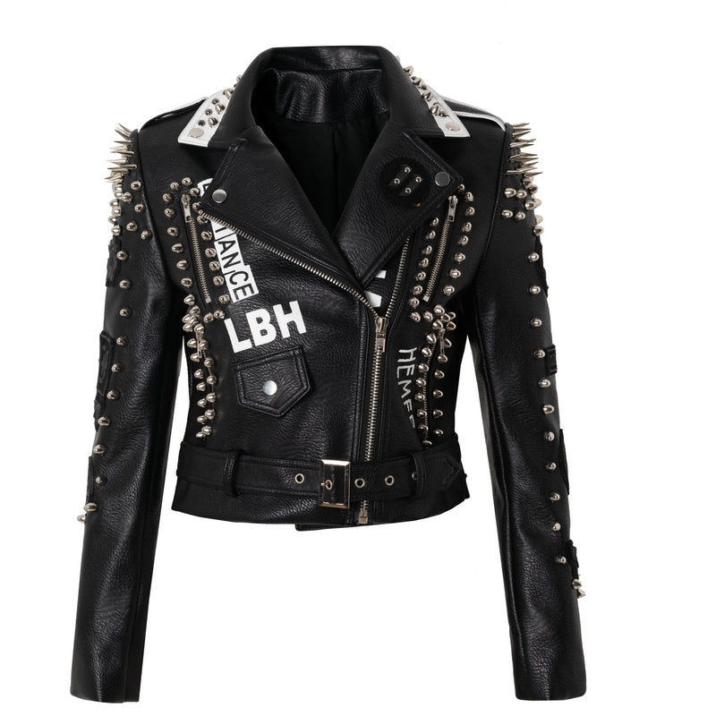 Women Leather Jacket Biker Motorcycle Coat Motorcycle Leather Coat Fashion Graffiti Rivet Jacket Coat