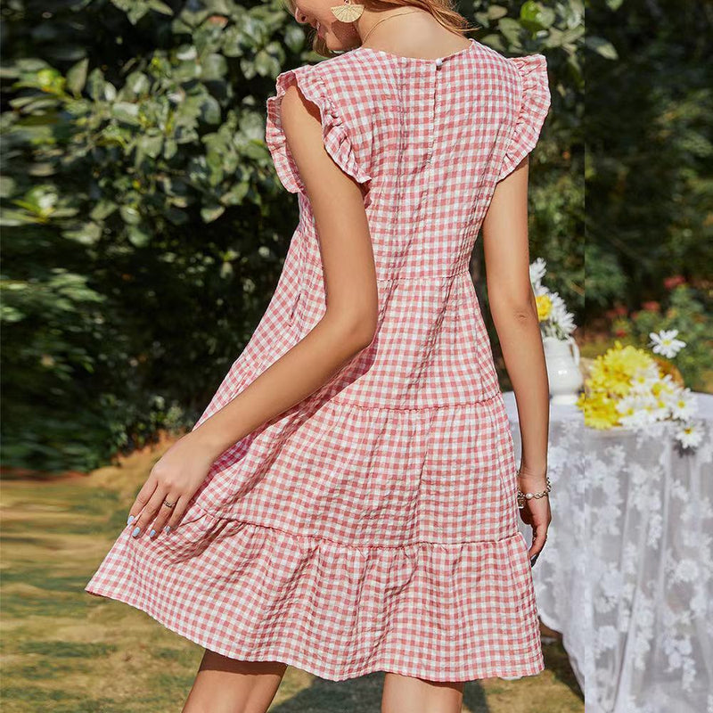 Gingham Dress Women's Summer round Neck Plaid Flying Sleeves Midi Dress