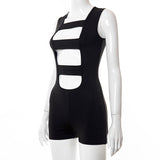 Summer Solid Color Sleeveless Stitching Hollow-out Tight Shorts Jumpsuit Women