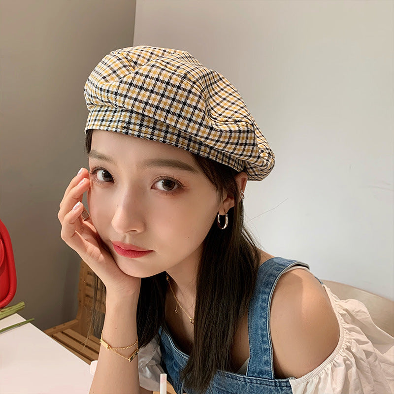 Check Beret Hat Female Summer Retro Plaid