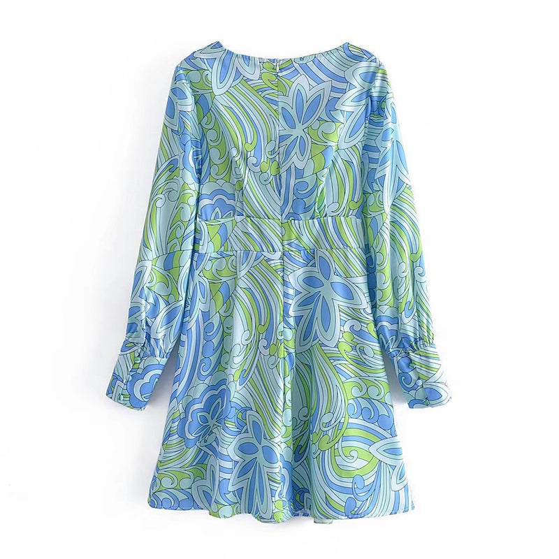 Women Fall Fall Fall Satin Geometric Printed V-Neck Dress Lantern Sleeve Cinched Short Dress