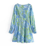 Women Fall Fall Fall Satin Geometric Printed V-Neck Dress Lantern Sleeve Cinched Short Dress