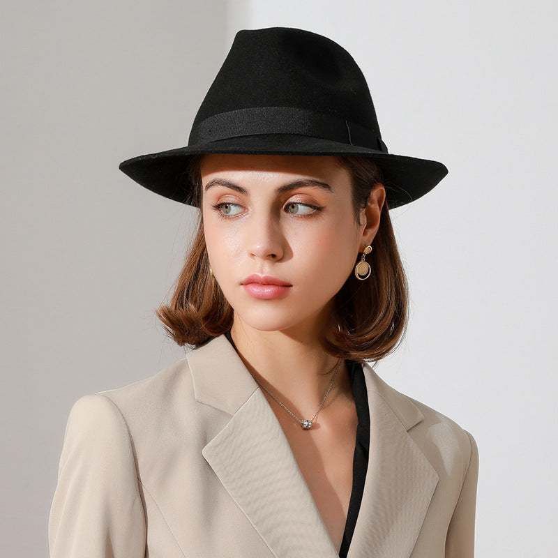 Top Hat Black Woolen Felt Cap Autumn and Winter Men's and Women's British Style Top Hat Fedora Hat